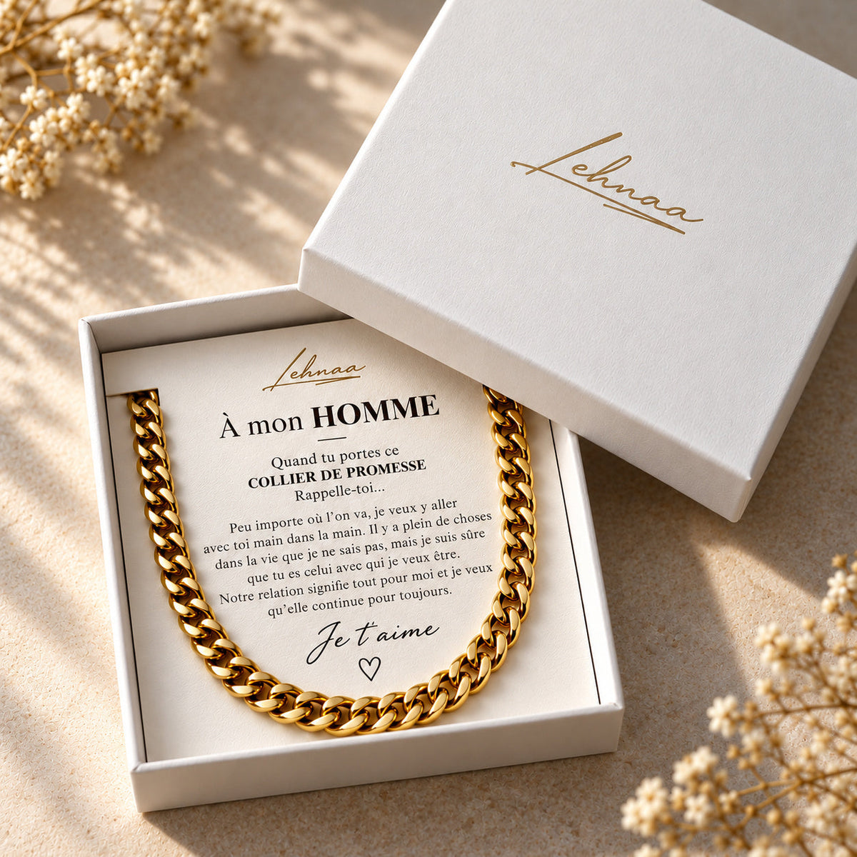 ETERNITY À mon homme – chaîne dorée et carte de promesse, coffret blanc Lehnaa